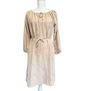 Sapphire Beige Embroidered Long Sleeve Boho Midi Dress Women's Size S